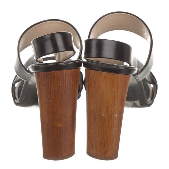 Authentic Yves Saint Laurent Black Leather Open Toe Shoe Block Wood Heel EU 40.5 - Picture 9 of 10